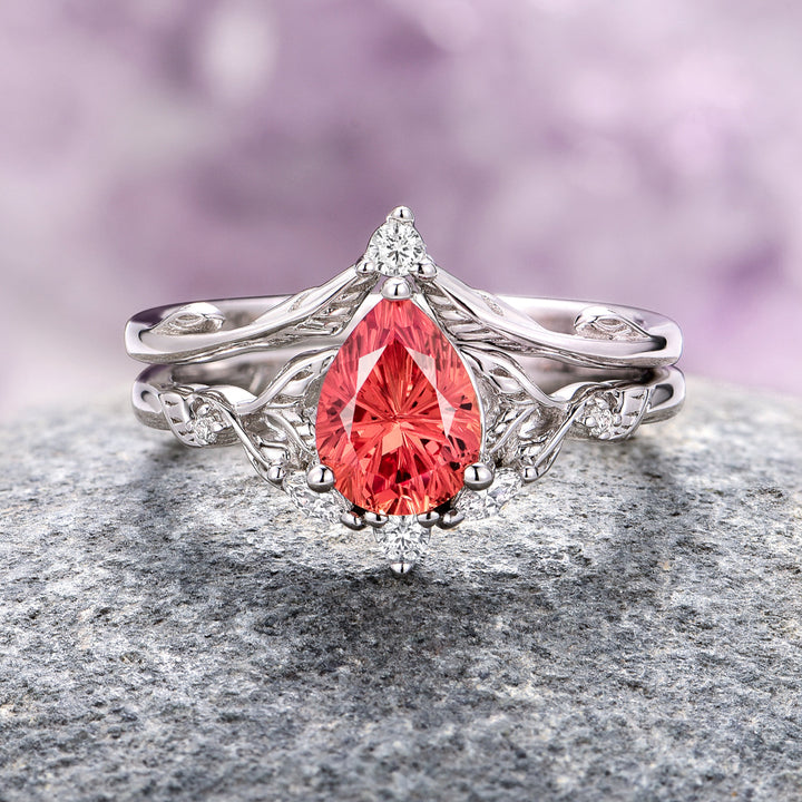 Airee Star Cut Padparadscha Orange Sapphire Ring Set- Sterling Silver