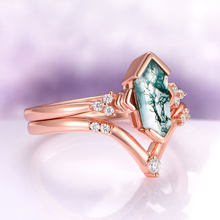 Hexagon Coffin Green Moss Agate Ring Set in 14K Rose Gold Vermeil