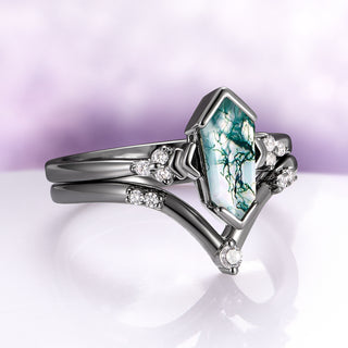 Hexagon Coffin Green Moss Agate Engagement Ring Set in Black Ruthenium