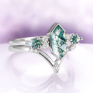 Hexagon Coffin Green Moss Agate Couples Ring Set