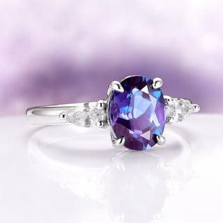 Oval Cut Lab-Grown Alexandrite Engagement Ring in Sterling Silver