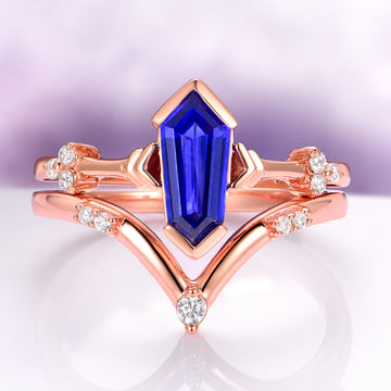 Midnight Blue Sapphire Couples Ring Set in rose gold with a striking coffin-shaped sapphire and diamond accents, crafted by Aquamarise for Matching Couples' Rings and Sapphire Jewelry collections.