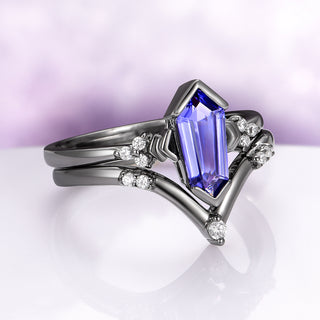 Hexagon Coffin Tanzanite Engagement Ring Set in Black Ruthenium
