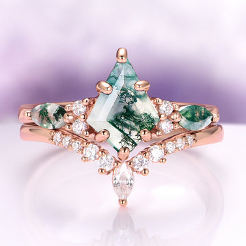 Skye Kite® Green Moss Agate Engagement Ring Set in 14K Rose Gold Vermeil with kite-cut moss agate and sparkling accent stones by Aquamarise.