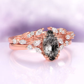 Salt and Pepper Diamond Leaf Ring Set in 14K Rose Gold Vermeil (Herkimer Diamond)