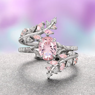 Fireworks Cut Morganite & Moonstone Leaf Couples Ring Set