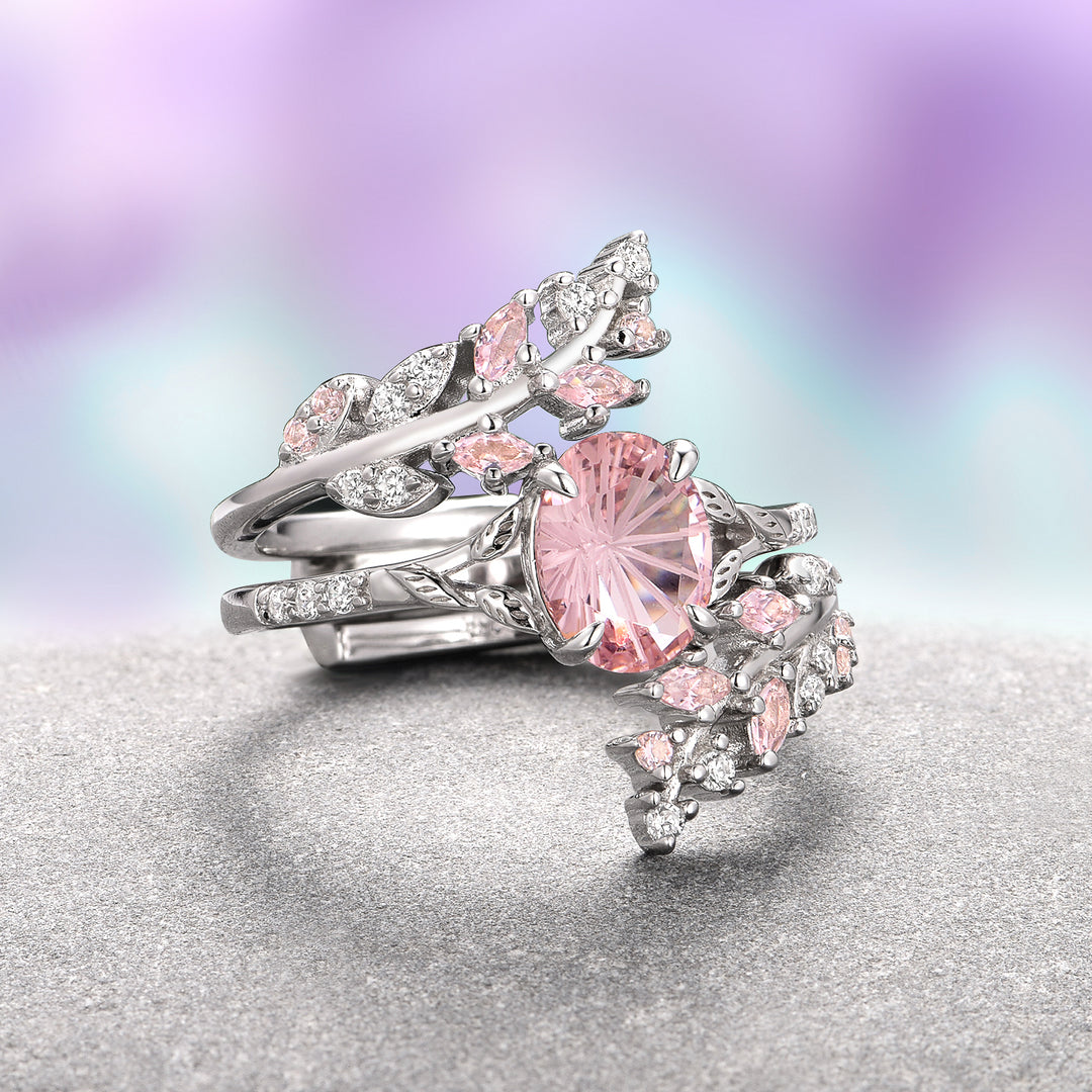 Morganite Fairy Leaf Ring Set- Sterling Silver (Fantasy Cut)