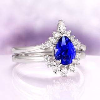 Lunette Teardrop Blue Sapphire Engagement Ring Set in 14K White Gold