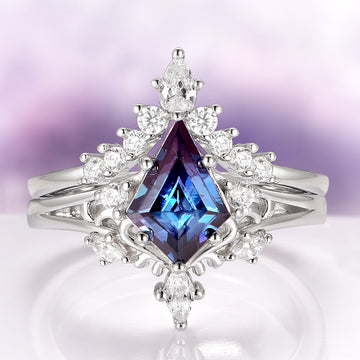 Elowen Kite Cut Lab Grown Alexandrite Ring Set in Sterling Silver with a kite-cut alexandrite center stone and sparkling accent diamonds by Aquamarise.