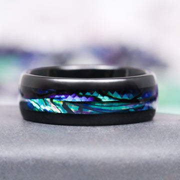 Skye Kite® London Blue Topaz & Abalone Shell Couples Ring Set by Aquamarise, featuring black finish with iridescent abalone shell inlay, matching couples rings inspired by nature and fantasy.