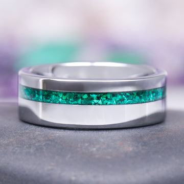Natural Malachite Minimalist Couples Ring Set by Aquamarise features a sleek silver band inlaid with crushed vibrant green malachite, blending modern minimalist design with meaningful symbolism, part of Matching Couples' Rings and Men's Rings Silver collections.