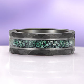 Green Moss Agate Hammered Wedding Band in Two Tone Black/Silver Tungsten Carbide (8mm)