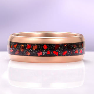 Crushed Galaxy Red Fire Opal Wedding Band in Rose Gold Tungsten Carbide (8mm)