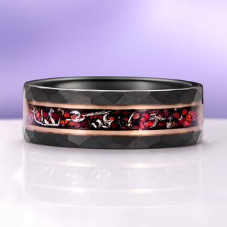 Dinosaur Bone & Meteorite Hammered Wedding Band in Black/Rose Gold Tungsten Carbide (8mm)