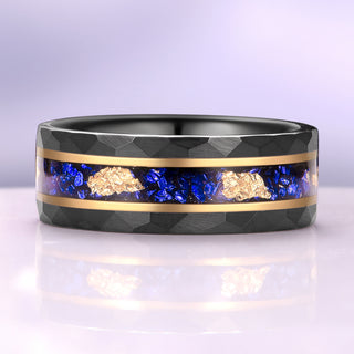 Coffin Cut Blue Sapphire and Gold Leaf Couples Ring Set