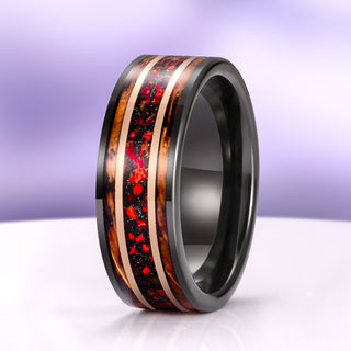Red Fire Opal & Whiskey Barrel Wedding Band in Black/Rose Gold Tungsten Carbide (8mm)