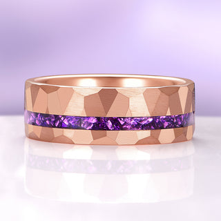 Crushed Amethyst Hammered Wedding Band in Rose Gold Tungsten Carbide (8mm)