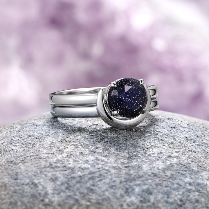 Starry Night Crescent Moon Engagement Ring Set- Sterling Silver