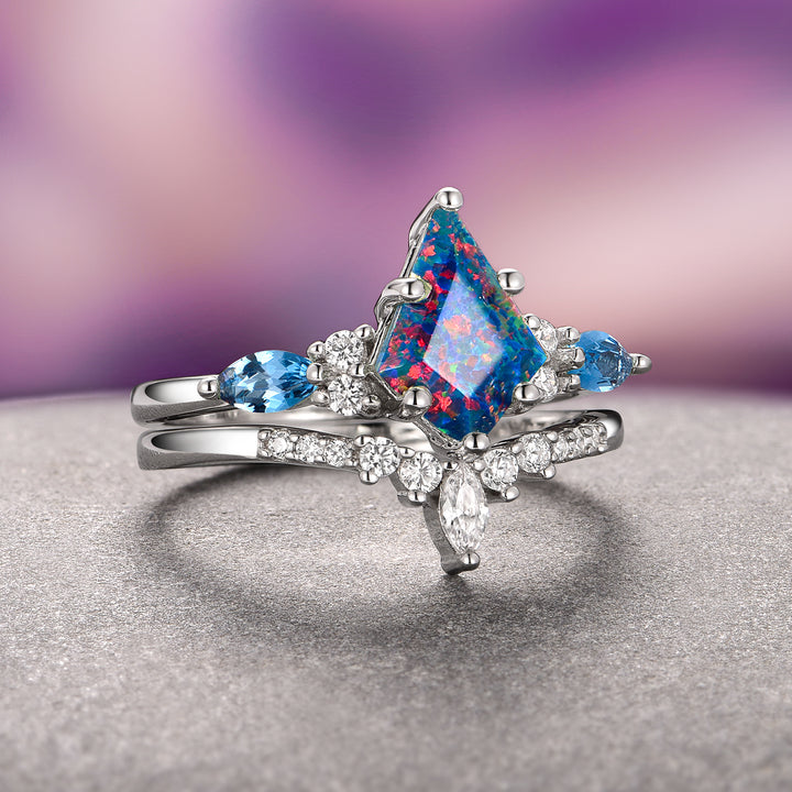 Skye Kite® Blue Fire Opal & Topaz Engagement Ring Set- 14K White Gold