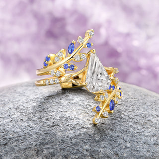 Shield Cut Simulated Diamond and Blue Sapphire Leaf Ring Set in 14K Yellow Gold Vermeil