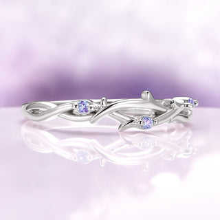 Whimsical Alexandrite Leaf Twig Wedding Band in 14K White Gold