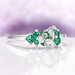 Moss Agate & Emerald Cluster Ring in Sterling Silver