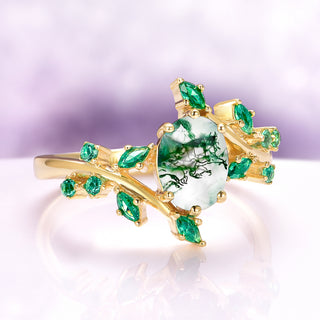 Green Moss Agate & Emerald Leaf Ring in 14K Yellow Gold Vermeil