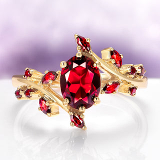 Natural Red Garnet Leaf Engagement Ring in 14K Solid Yellow Gold