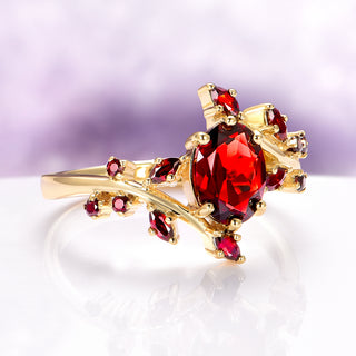 Natural Red Garnet Leaf Engagement Ring in 14K Solid Yellow Gold