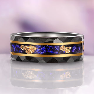 Blue Sapphire & Gold Leaf Hammered Wedding Band in Black Tungsten Carbide (8mm)
