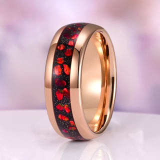 Crushed Galaxy Red Fire Opal Wedding Band in Rose Gold Tungsten Carbide (8mm)