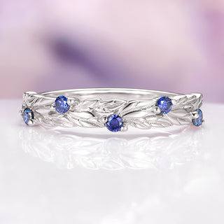 Blue Moissanite Fairy Leaf Band in 14K White Gold