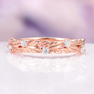 Diamond Leaf Wedding Band in Solid 14K Rose Gold