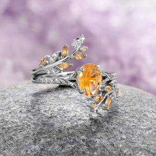 Natural Fireworks Cut Citrine Leaf Ring Set in Sterling Silver