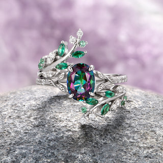 Mystic Topaz & Galaxy Opal Leaf Couples Ring Set