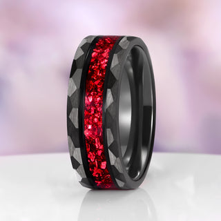 Crushed Red Garnet Hammered Wedding Band in Black Tungsten Carbide (8mm)