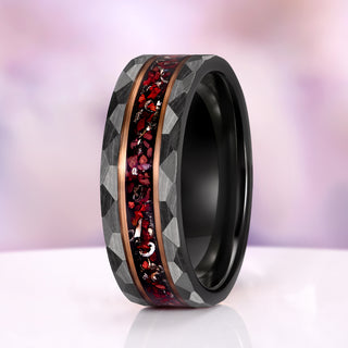 Dinosaur Bone & Meteorite Hammered Wedding Band in Black/Rose Gold Tungsten Carbide (8mm)