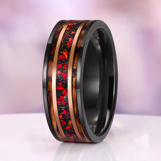 Red Fire Opal & Whiskey Barrel Wedding Band in Black/Rose Gold Tungsten Carbide (8mm)