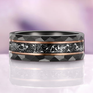 Galaxy Meteorite Hammered Wedding Band in Two-Tone Black Tungsten Carbide (8mm)