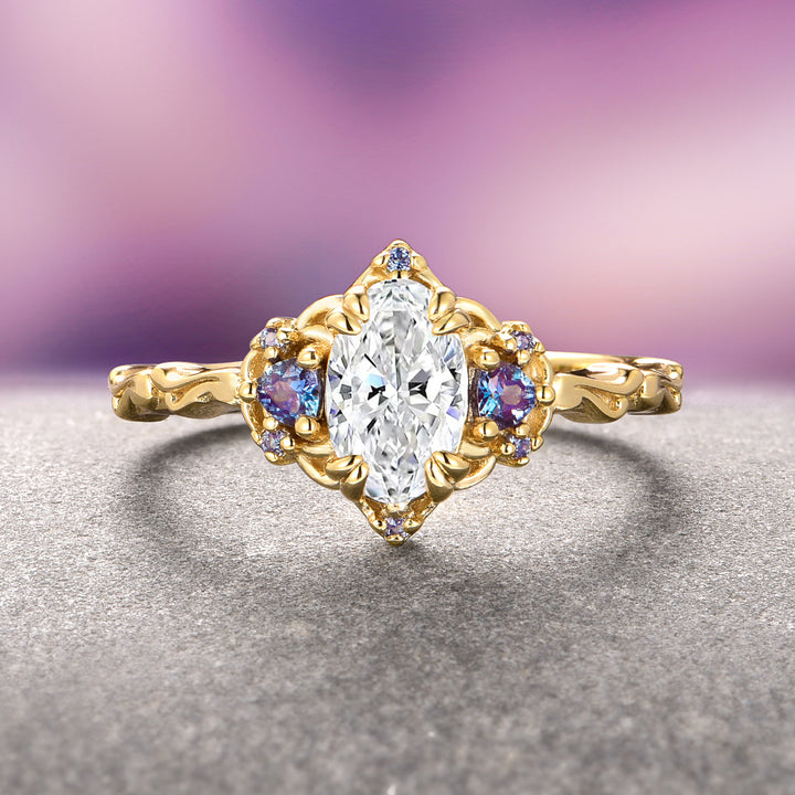 Esme Moissanite & Alexandrite Ring- 14K Solid Yellow Gold