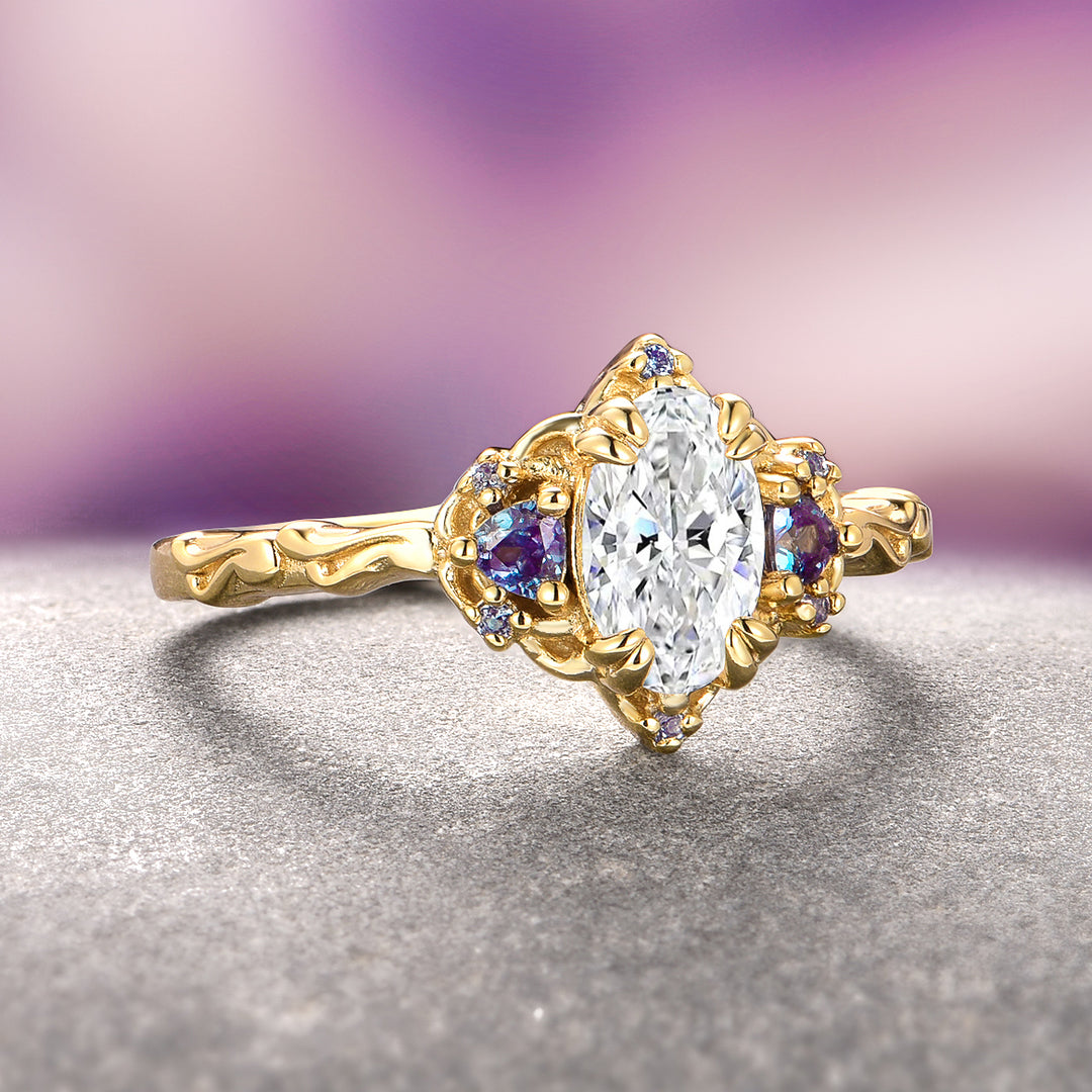 Esme Moissanite & Alexandrite Ring- 14K Solid Yellow Gold