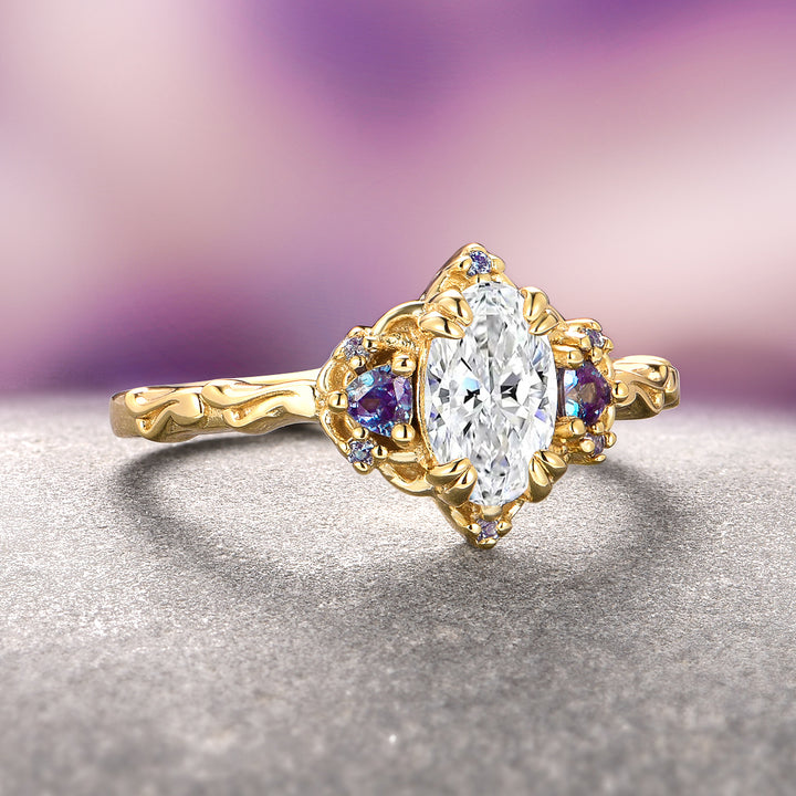 Esme Moissanite & Alexandrite Ring- 14K Solid Yellow Gold