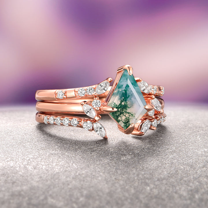 Kite Green Moss Agate Ring Set- 14K Rose Gold Vermeil (3-piece)
