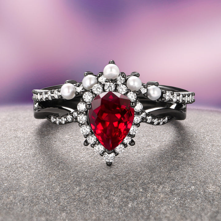 Briar Natural Red Garnet & Pearl Ring Set- Black Ruthenium