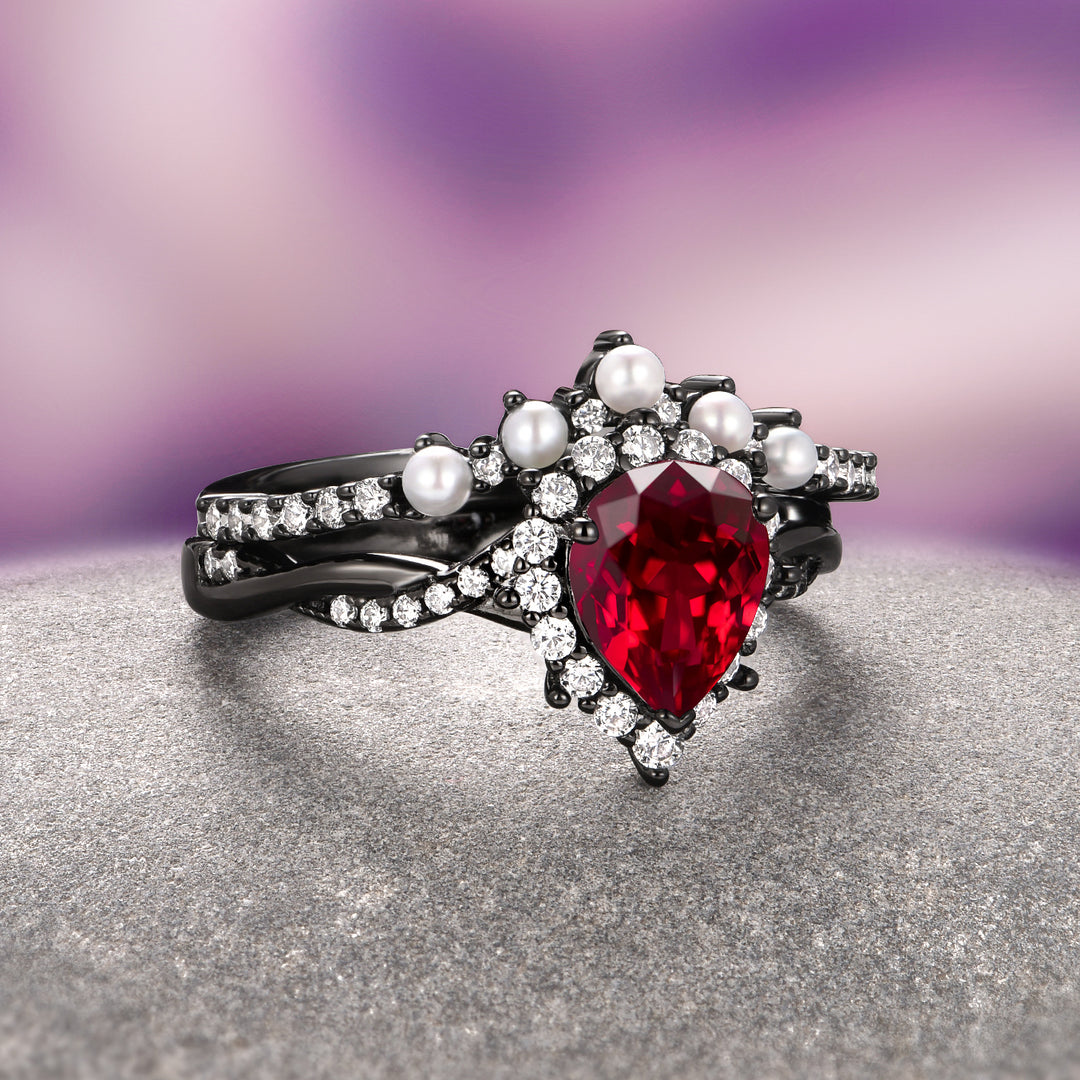 Briar Natural Red Garnet & Pearl Ring Set- Black Ruthenium