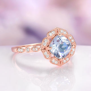 Art Deco Aquamarine Engagement Ring in Solid 14K Rose Gold by Aquamarise Gold, featuring a cushion-cut aquamarine center with a diamond halo and intricate vintage rose gold detailing.