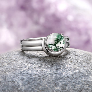 Green Moss Agate & Crescent Moon Couples Ring Set