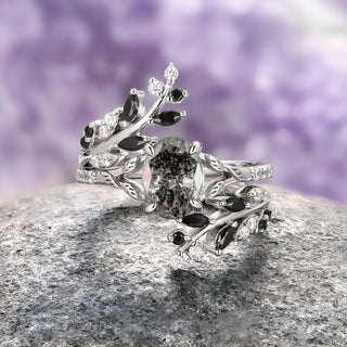 Black Moissanite Leaf Ring Guard in 14K White Gold