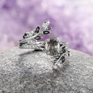 Galaxy Natural Herkimer Diamond & Black Moissanite Leaf Engagement Ring Set in 14K White Gold