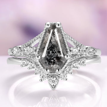 Lilith Coffin Cut Natural Herkimer Diamond Ring Set in 14K White Gold by Aquamarise Gold, featuring a unique coffin-cut salt and pepper diamond with intricate white gold and diamond accents.